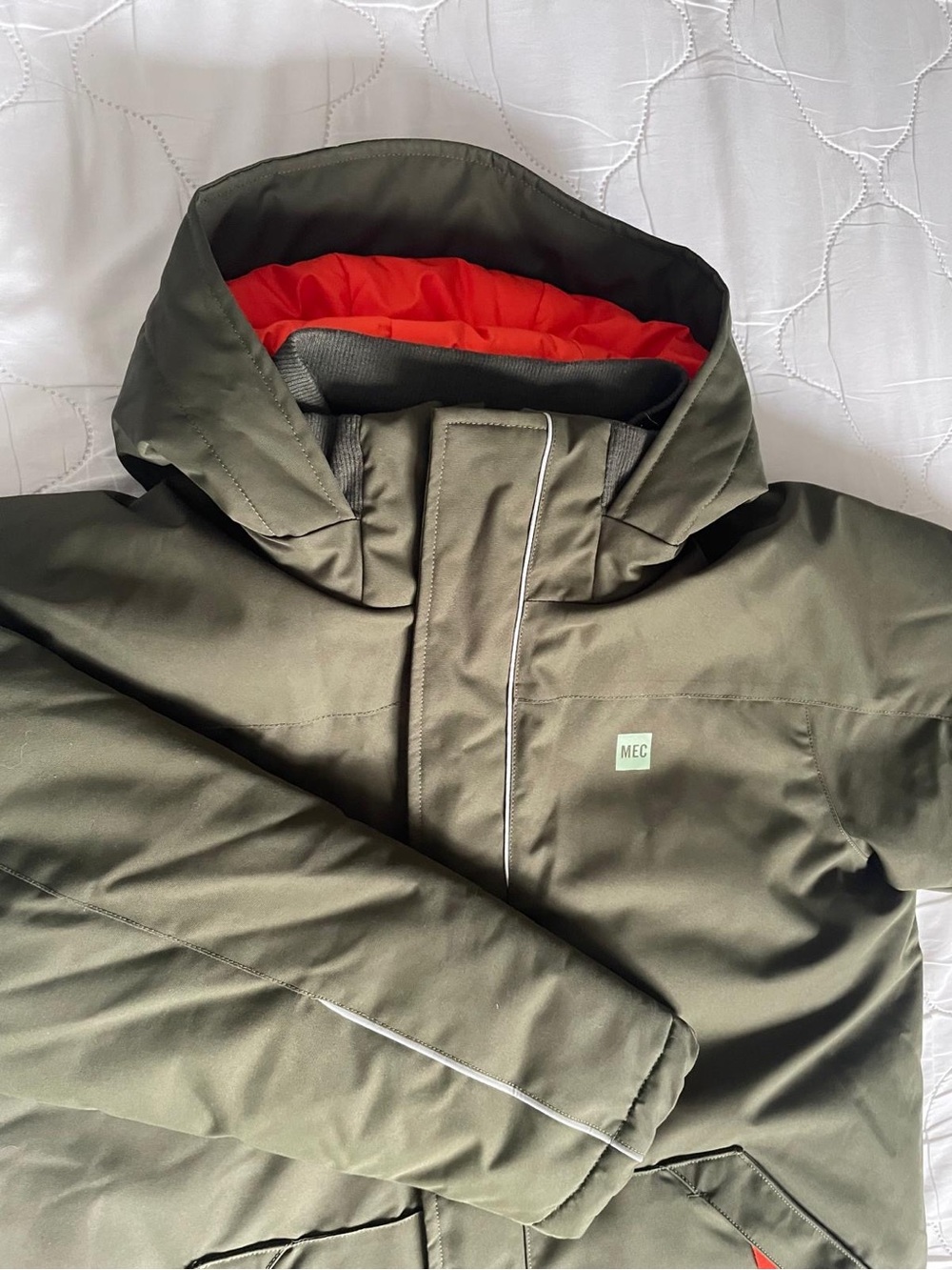 MEC Olive Green Kids Hooded Puffer with Orange Lining